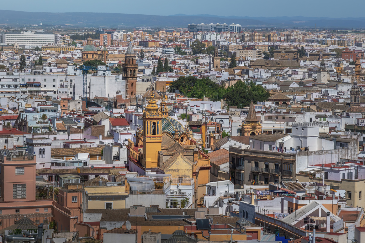 Aerial view of Churches San Alberto Magno, San Isidoro, San Pedro Apostol  and Saint Louis of France (Iglesia de San Luis de los Franceses) - Seville, Spain
